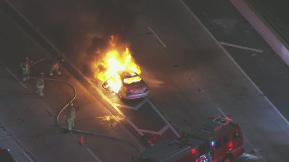 Car explodes on 10 Freeway near downtown LA