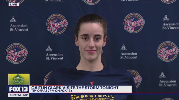 Caitlin Clark speaks with media before Storm game at Climate Pledge Arena