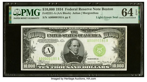 $10,000 bill from 1934 sells for $480K at Texas auction: 'Absolute prize'