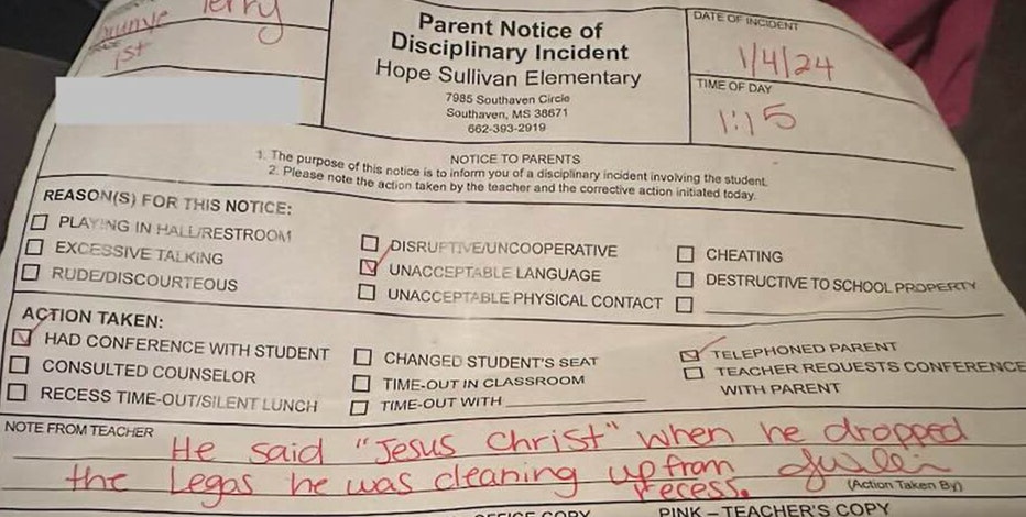 Mississippi mom says 7-year-old son was written up for saying 'Jesus Christ' at school