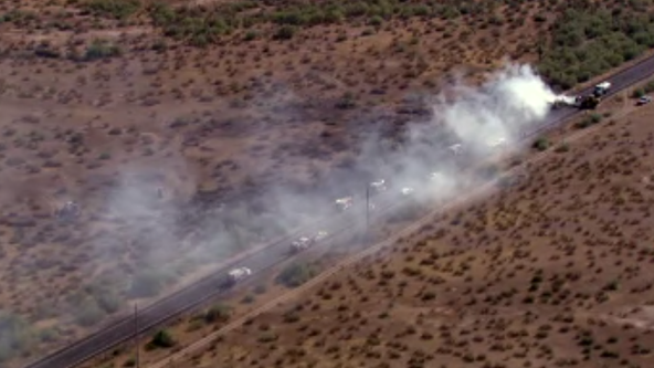 Hay Fire sparks from pickup truck catching fire near Wickenburg, causes US 60 road closure