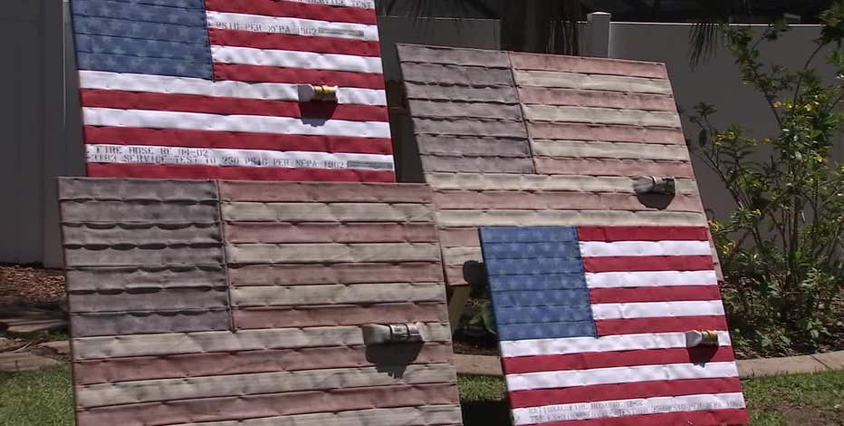 Patriotic artwork honors firefighters using repurposed fire hose