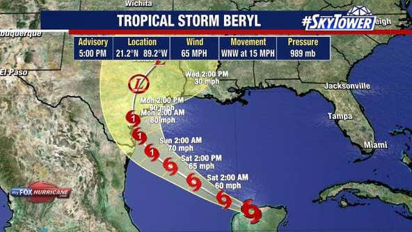 Beryl downgrades to tropical storm, hurricane watch issued for stretch of Texas coast