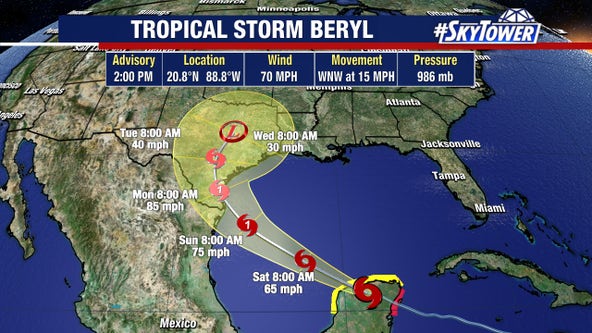 Beryl downgrades to tropical storm as at churns through Yucatan Peninsula with increased risk to hit Texas