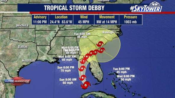 Tropical Storm Debby strengthens, storm surge warnings in effect for Big Bend region of Florida