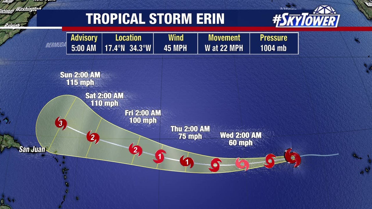 Tropical Storm Erin moving west, expected to become first Atlantic hurricane of 2025 season
