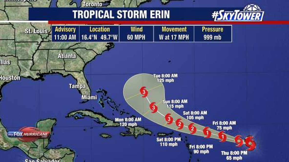 Tropical Storm Erin gaining strength over Atlantic, should stay east of Florida