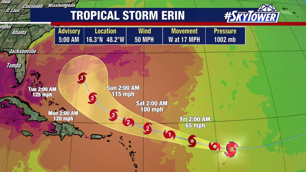 Tropical Storm Erin gaining strength over Atlantic, should stay east of Florida