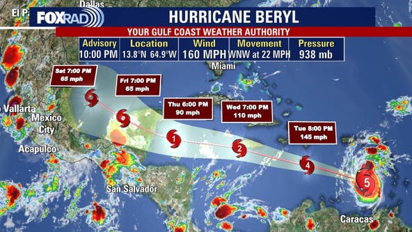 Hurricane Beryl tracker: Category 5 storm moves west; latest projected path