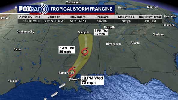 LIVE: Tropical Storm Francine tracker | Storm continues to move inland