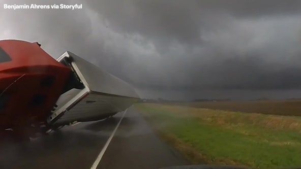Video: Strong winds during Nebraska tornado outbreak knock tractor trailer into oncoming traffic