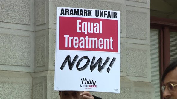 Aramark workers take to the picket line at Wells Fargo Center