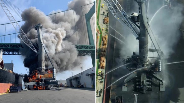Large crane, vessel catch fire under Walt Whitman Bridge in Gloucester City
