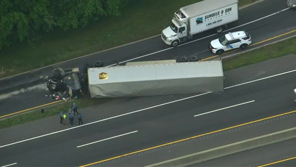 Overturned tractor trailer slows traffic on NJ Turnpike in Burlington County
