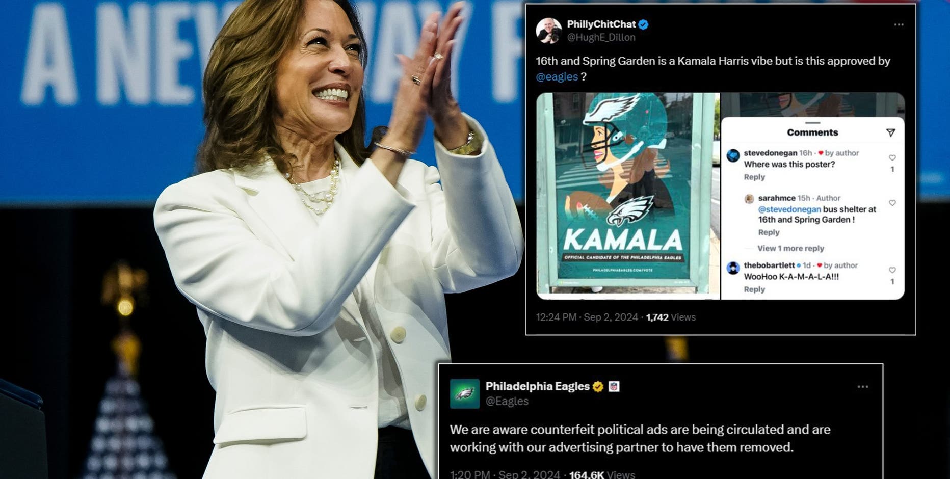 Eagles working to remove 'counterfeit' bus stop ads that endorse Kamala Harris