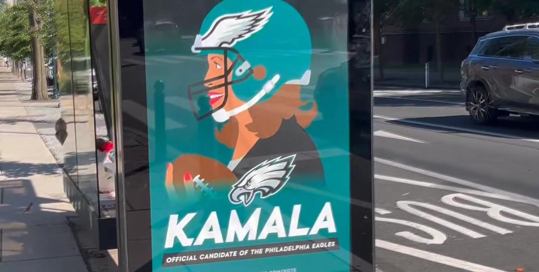 City rebukes 'illegally placed' bus stop ads that falsely show Eagles endorsing Kamala Harris