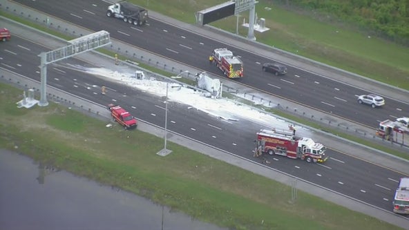 Overturned semi-truck blocks lanes on SR-417, scattering debris over the road in Orlando: FHP