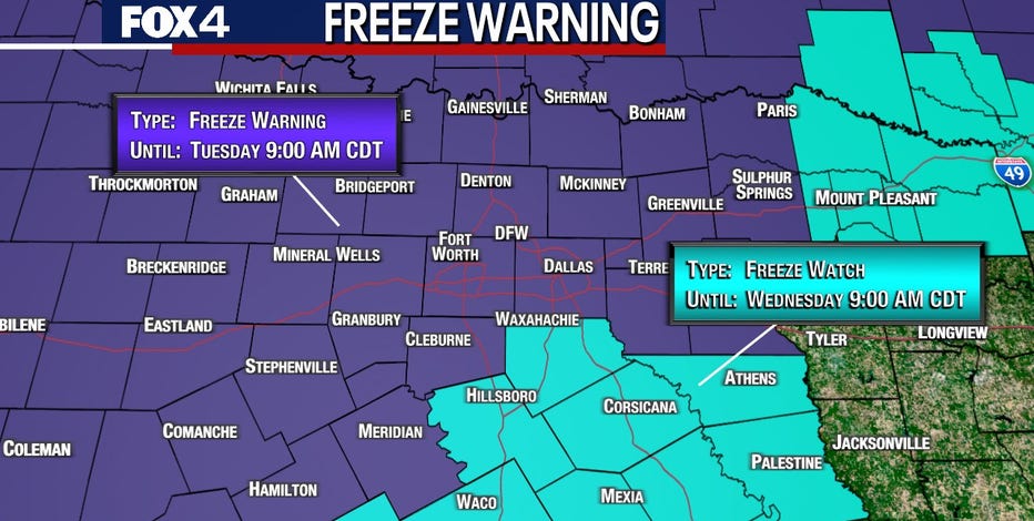 Dallas Weather: Freeze Watches &amp; Warning issued for North Texas through Wednesday morning