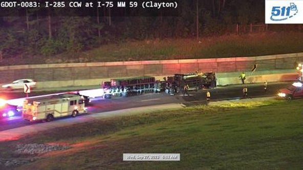 Overturned tractor-trailer shuts down I-75/I-285 ramp in Clayton County