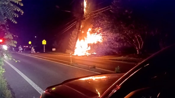Vehicle crashes into utility pole in Bethesda sparking transformer fire