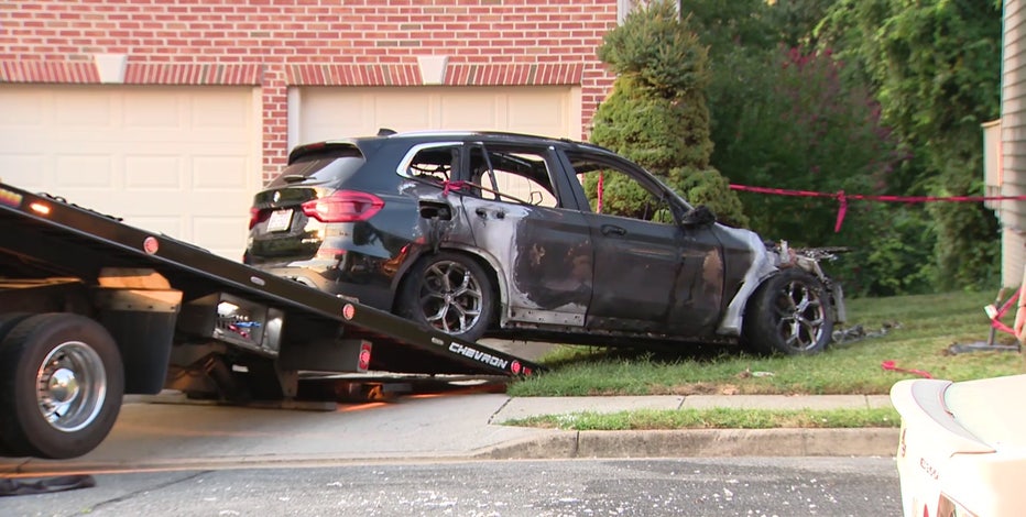 Stolen car bursts into flames after crashing into home in Lorton sparking fire; suspect on the loose
