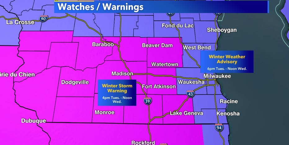 Winter weather advisory, winter storm warning go into effect Tuesday