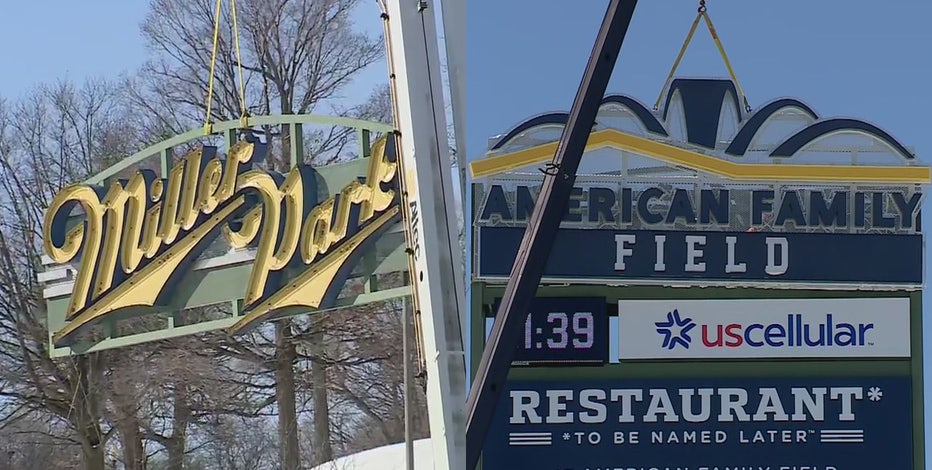 American Family Field signs hoisted into place at home of Brewers