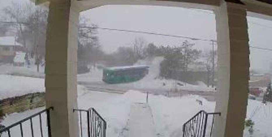 MCTS bus veers off snow-slicked street in Wauwatosa