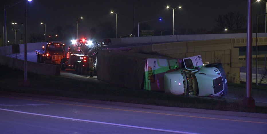 Semi truck flipped on side closes entrance ramp on I-894 at 27th Street