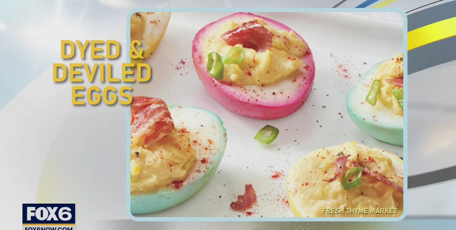 Dyed deviled eggs for Easter