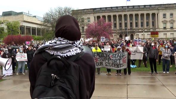 University of Wisconsin pro-Palestine rally; tents up at Library Mall