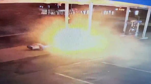 Video: Gas station pump bursts into flames after being struck by teen driver