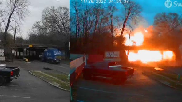 Watch: Garbage truck explodes into flames after hitting overpass in Indianapolis