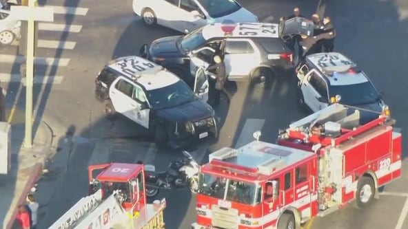 Man hospitalized following 3-car crash involving LAPD vehicle in Westlake