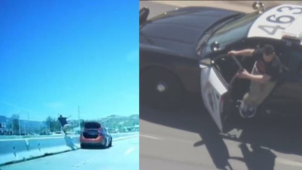 LA police chase: Video shows suspect involved in collision prior to stealing CHP cruiser