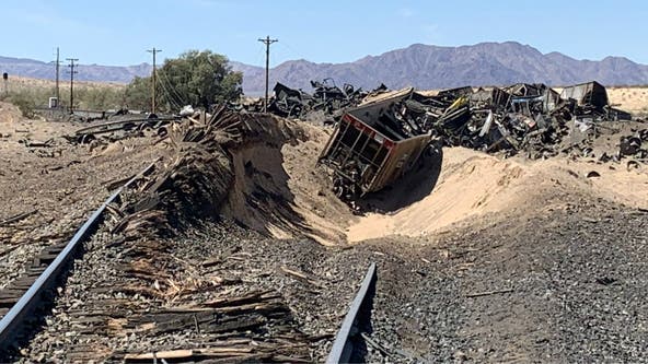 Cargo train derails in San Bernardino County desert
