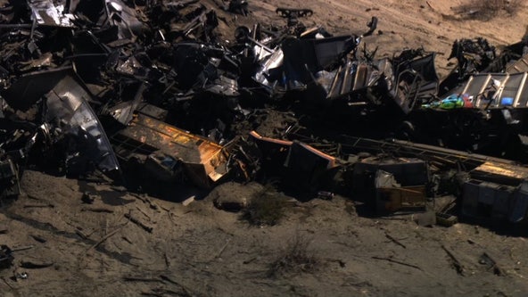 Cargo train derails in San Bernardino County desert