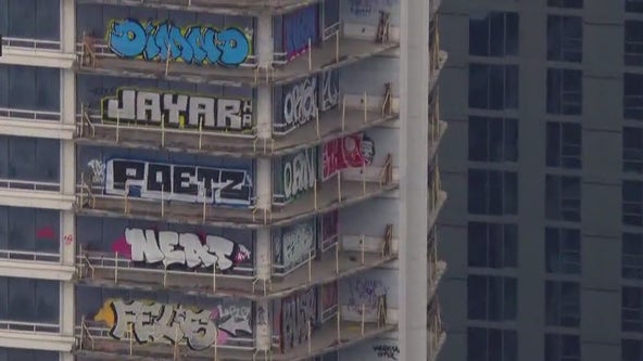 Taggers vandalize 27 floors of DTLA high-rise with graffiti; 2 arrested