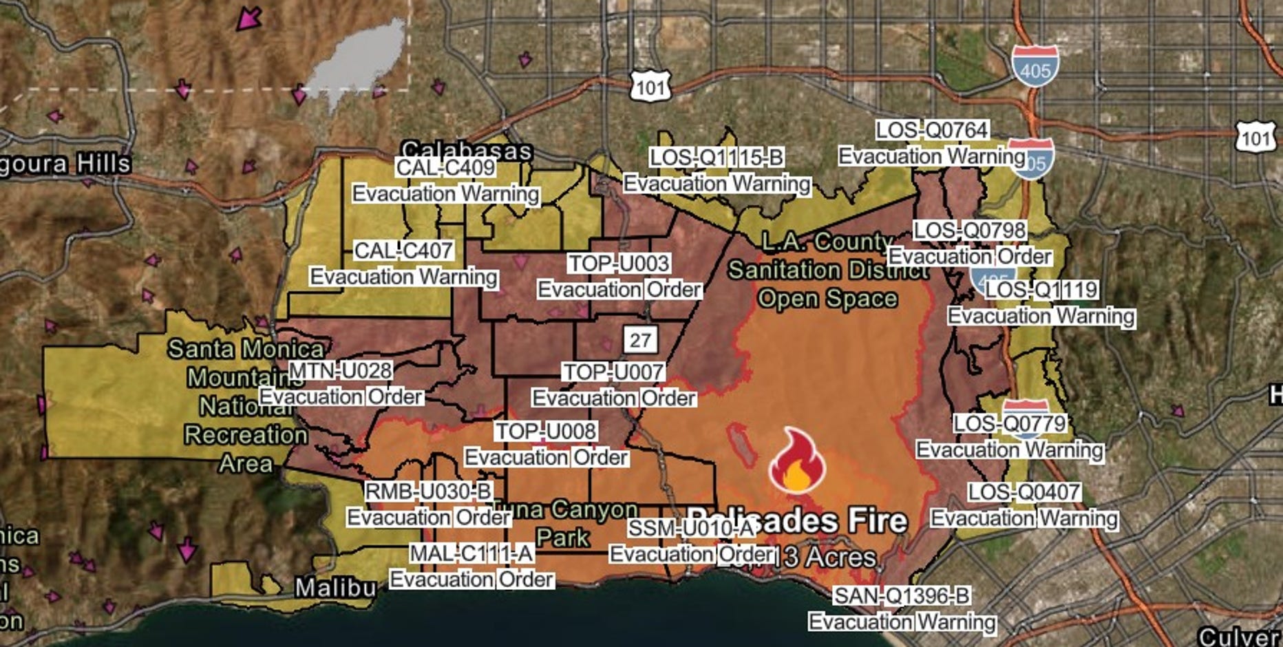 California fires map: Los Angeles evacuation orders, warnings