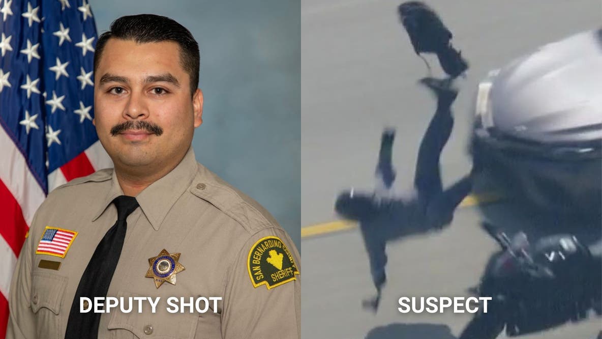 Motorcyclist who allegedly shot deputy crashes into car during San Bernardino County police chase