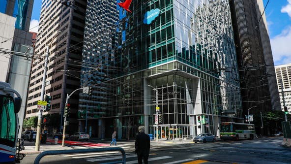 Broken glass at Salesforce East in San Francisco; rain pummels region