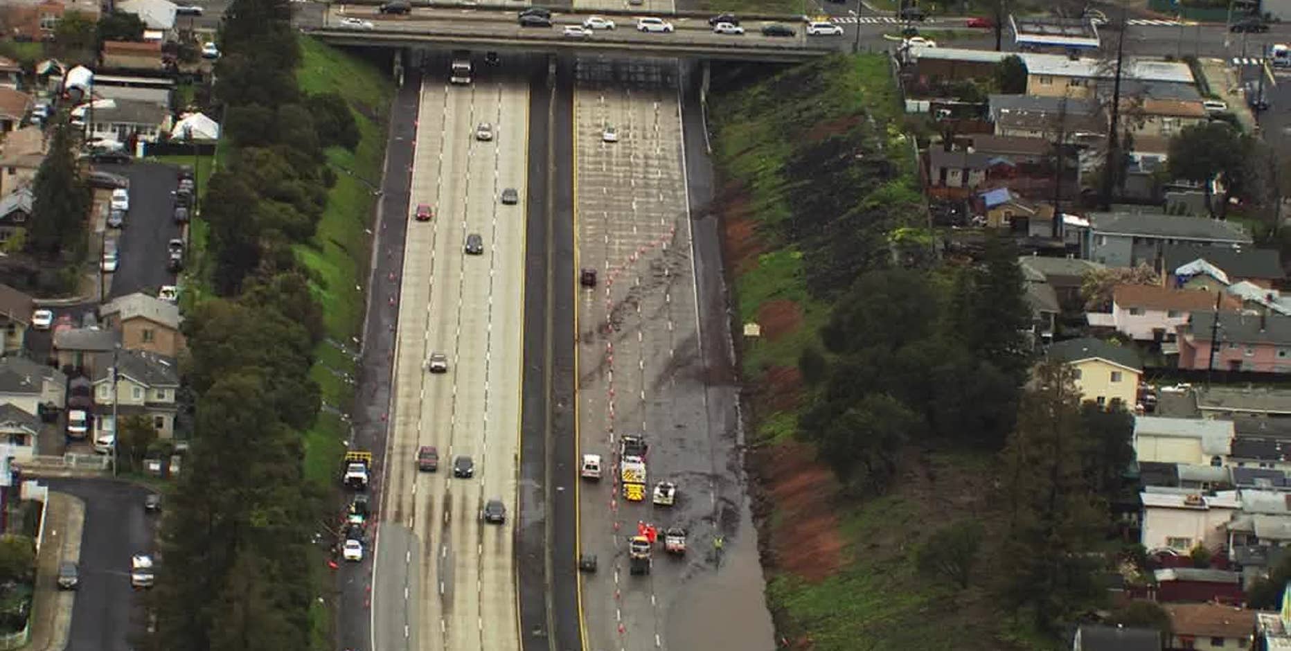 Ducks swim on flooded I-580 freeway in Oakland