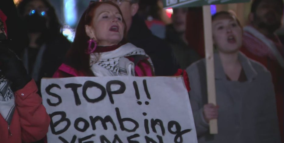 Demonstrators protest US bombing Yemen outside White House