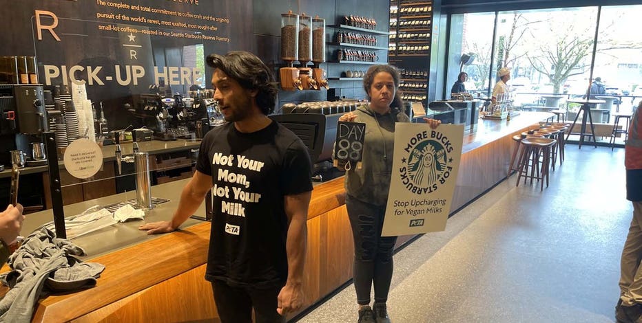 PETA protesters superglue themselves to Seattle Starbucks counter over vegan milk charge