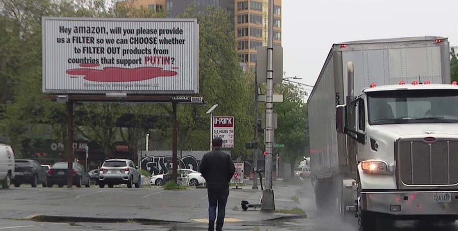 New billboard in Seattle pushes Amazon to filter out Russian, pro-Putin products