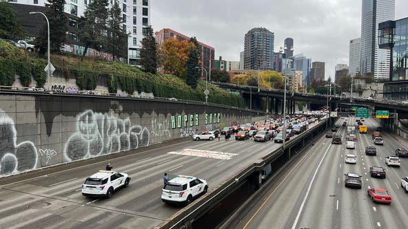 Protesters block northbound I-5 in downtown Seattle Protesters block northbound I-5 in downtown Seattle