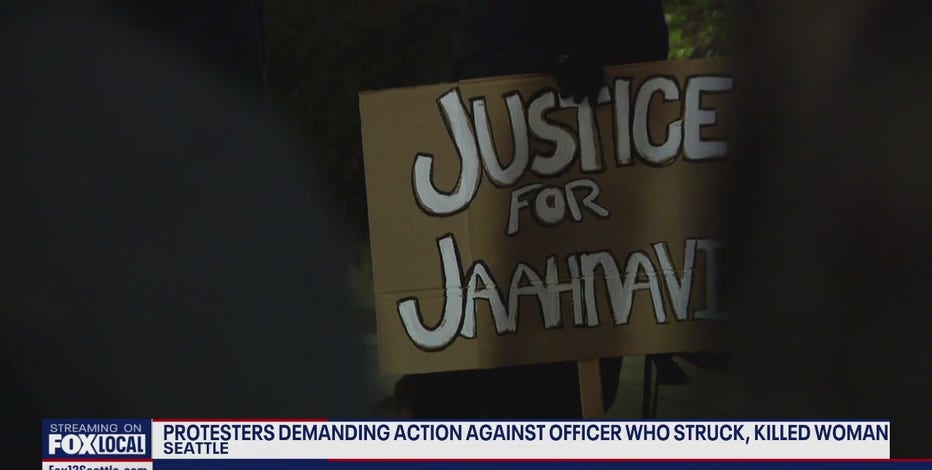 Nearly 100 protest outside SPD precinct over decision not to charge officer in death of Jaahnavi Kandula
