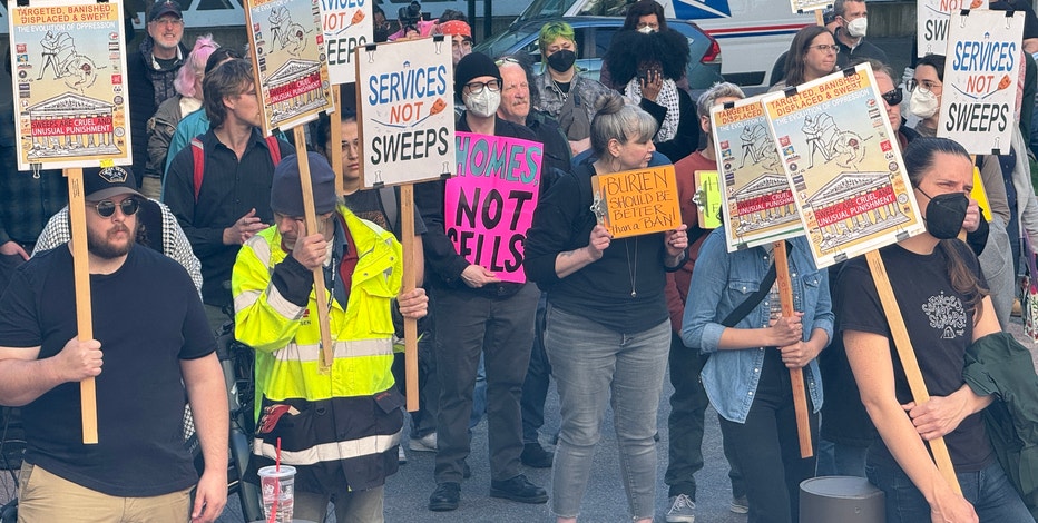 'Don’t turn us into criminals:' Unhoused people, advocates rally outside federal Seattle courthouse