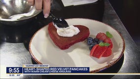 Heart-Shaped Red Velvet Pancakes