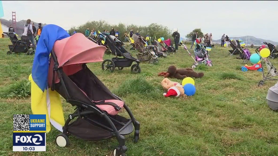 Empty strollers placed in San Francisco park for Ukranian children killed